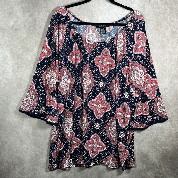 Adele & May Blouse Womens 3X Blue Red Floral Tunic 3/4 Sleeves Casual Boho - Picture 1 of 10